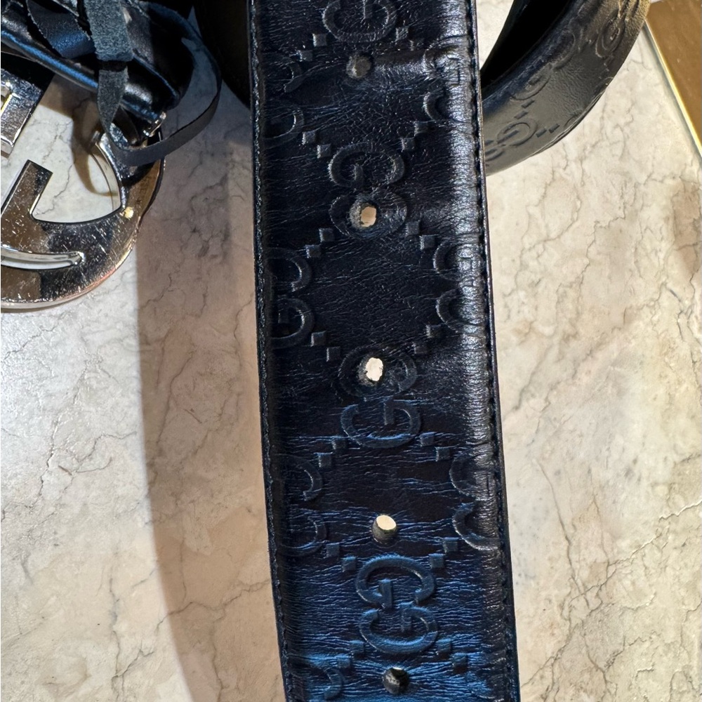 Gucci Silver GG Black Leather Guccissima Belt 95/38 - Picture 11 of 14